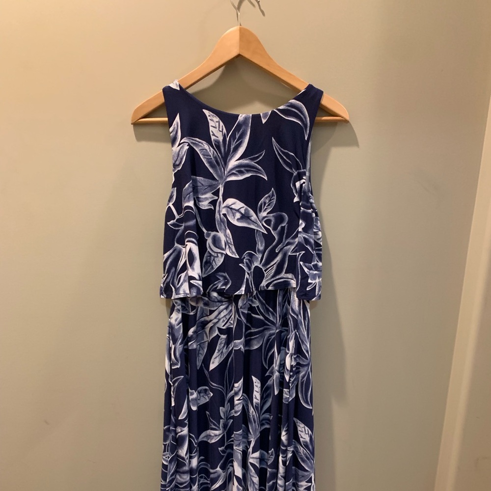 Soma blue pattern dress with uneven hem.